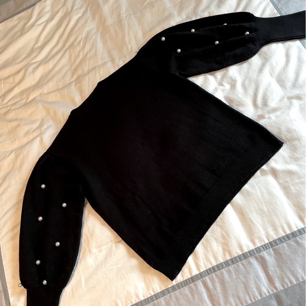 Puff Sleeve Black Sweater w/ Pearl Accents